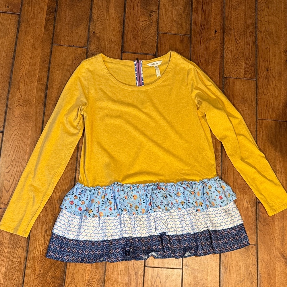 Matilda Jane Mustard Yellow Long-Sleeve Ruffle Hem Top with Blue Floral Tiers